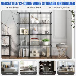 Costway 12 Cube Storage Shelf Rack DIY Wire Grid Bookcase Display Cabinet Organiser in Black - thumbnail 5