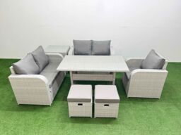 Fimous High Back Poly Rattan Garden Furniture Set w/ Reclining Chair Loveseat Sofa Rectangular Dining Table Indoor Outdoor Patio Set 2 Stool Side - thumbnail 1