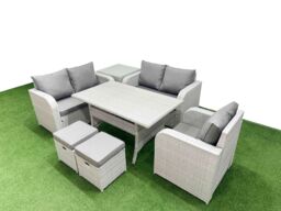 Fimous High Back Poly Rattan Garden Furniture Set w/ Reclining Chair Loveseat Sofa Rectangular Dining Table Indoor Outdoor Patio Set 2 Stool Side - thumbnail 2