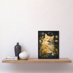 "Artery8 Contented Grinning Ginger Cat Wildflower Meadow Oil Painting Art Print Framed Poster Wall Decor in Black - Size: W12"" x H16""" - thumbnail 4