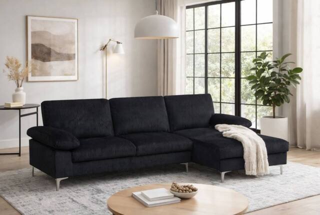 LUXURY LIFE Napoli Jumbo Cord Fabric Right Hand Facing Chaise Sofa in Black