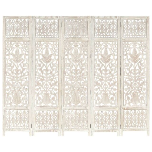 Berkfield Home Hand carved 5-Panel Room Divider White 200x165 cm Solid Mango Wood - image 1