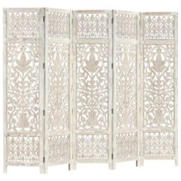 Berkfield Home Hand carved 5-Panel Room Divider White 200x165 cm Solid Mango Wood - thumbnail 5