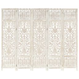 Berkfield Home Hand carved 5-Panel Room Divider White 200x165 cm Solid Mango Wood