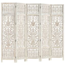Berkfield Home Hand carved 5-Panel Room Divider White 200x165 cm Solid Mango Wood - thumbnail 6