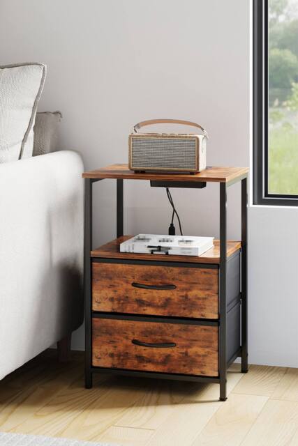 Living and Home Nightstand Bedside Table with Charging Station and LED Lights in Brown - image 1