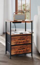 Living and Home Nightstand Bedside Table with Charging Station and LED Lights in Brown - thumbnail 3