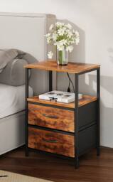 Living and Home Nightstand Bedside Table with Charging Station and LED Lights in Brown - thumbnail 2