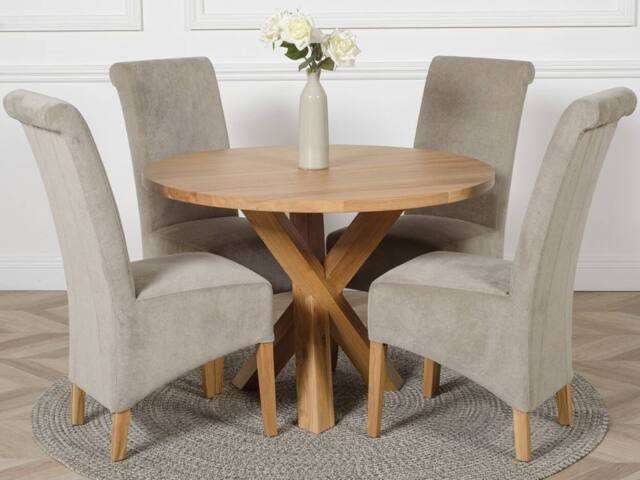 Thats Furniture Oregon Round Oak Dining Table & 4 Montana Fabric Chairs in Grey - image 1