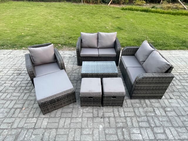 Fimous High Back Rattan Garden Furniture Set w/ Loveseat Sofa Rectangular Coffee Table 3 Footstools Indoor Outdoor Patio Lounge Sofa Set Dark Grey - image 1