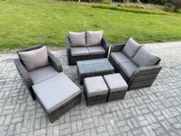 Fimous High Back Rattan Garden Furniture Set w/ Loveseat Sofa Rectangular Coffee Table 3 Footstools Indoor Outdoor Patio Lounge Sofa Set Dark Grey - thumbnail 2
