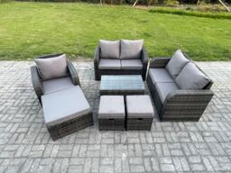 Fimous High Back Rattan Garden Furniture Set w/ Loveseat Sofa Rectangular Coffee Table 3 Footstools Indoor Outdoor Patio Lounge Sofa Set Dark Grey - thumbnail 1