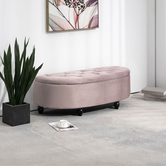 HOMCOM Semi-Circle Bed End Bench Ottoman with Storage Tufted Upholstered Accent Seat Footrest Stool with Rubberwood Legs for Bedroom & Entryway - image 1