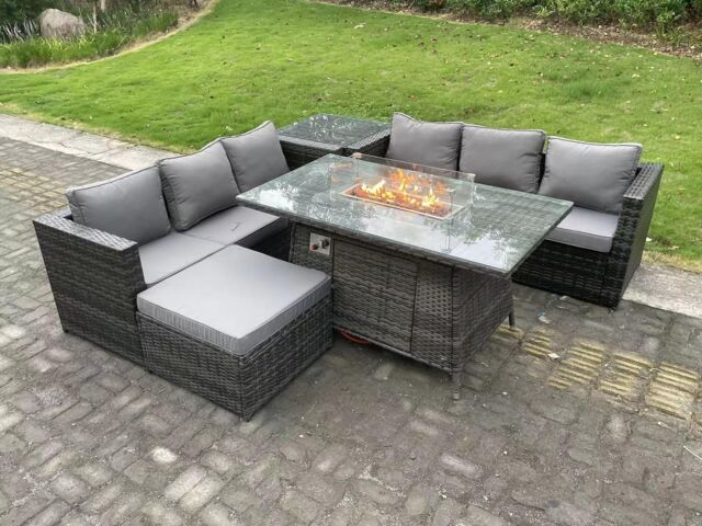 Fimous Rattan Gas Fire Pit Dining Table Sets Heater Lounge Big Footstool 7 Seater in Dark Grey - image 1