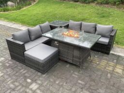Fimous Rattan Gas Fire Pit Dining Table Sets Heater Lounge Big Footstool 7 Seater in Dark Grey - thumbnail 1