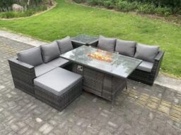 Fimous Rattan Gas Fire Pit Dining Table Sets Heater Lounge Big Footstool 7 Seater in Dark Grey - thumbnail 3