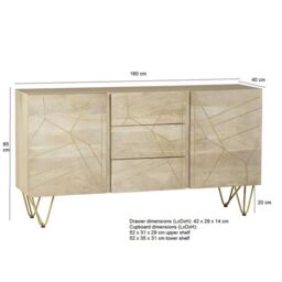 Indian Hub Light Gold Extra Large Sideboard 3 Drawers & 2 Doors - Solid Mango Wood - L40 x W160 x H85 cm in Brown - thumbnail 4