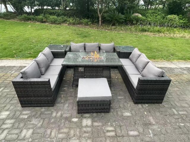 Fimous Outdoor Rattan U Shape Furniture Gas Fire Pit Table Sets Heater Sofa Footstool in Dark Grey - image 1