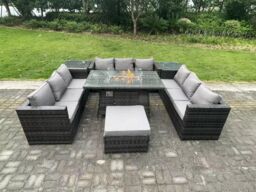 Fimous Outdoor Rattan U Shape Furniture Gas Fire Pit Table Sets Heater Sofa Footstool in Dark Grey - thumbnail 1