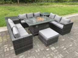 Fimous Outdoor Rattan U Shape Furniture Gas Fire Pit Table Sets Heater Sofa Footstool in Dark Grey - thumbnail 4