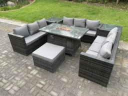 Fimous Outdoor Rattan U Shape Furniture Gas Fire Pit Table Sets Heater Sofa Footstool in Dark Grey - thumbnail 3