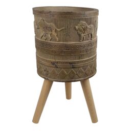 Leaf 55cm x 29cm Jungle Planter with Legs Embossed Lion Elephant Large in Dark Brown - Size: 55 cm x 29 cm - thumbnail 1