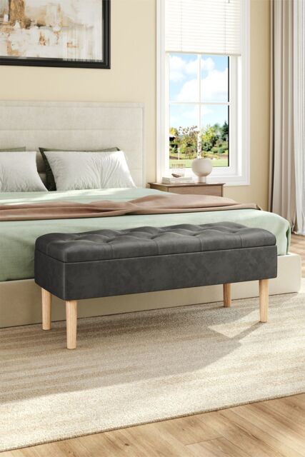 Living and Home Velvet Storage Bench Ottoman with Rubber Wooden Leg in Grey - image 1