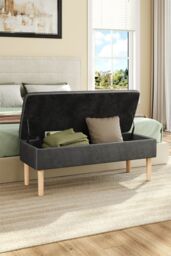 Living and Home Velvet Storage Bench Ottoman with Rubber Wooden Leg in Grey - thumbnail 2