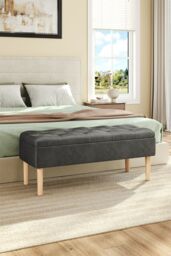 Living and Home Velvet Storage Bench Ottoman with Rubber Wooden Leg in Grey