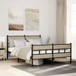 Berkfield Home Metal Bed Frame without Mattress Sonoma Oak 140x200 cm in Brown - thumbnail 1