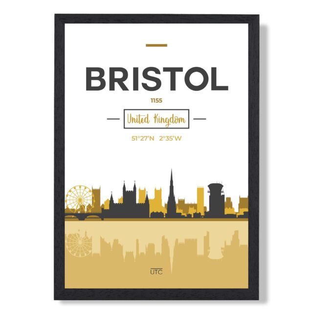ARTZE Bristol Yellow & Black City Skyline Framed Print SIZE: A3 with Black Frame - Size: A4 - image 1