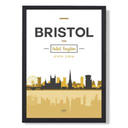 ARTZE Bristol Yellow & Black City Skyline Framed Print SIZE: A3 with Black Frame - Size: A4 - thumbnail 1