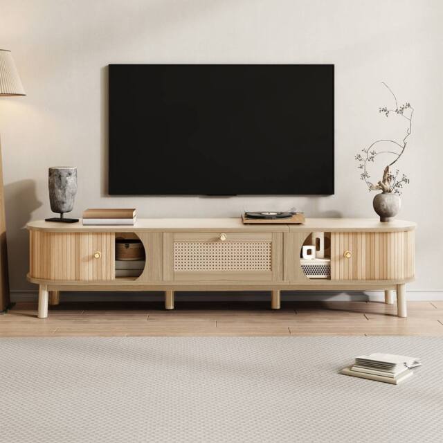 Merax 170cm TV Cabinet with Slatted Wood Doors & Rattan Drawers in Natural - image 1