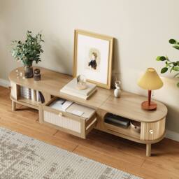 Merax 170cm TV Cabinet with Slatted Wood Doors & Rattan Drawers in Natural - thumbnail 4