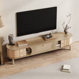 Merax 170cm TV Cabinet with Slatted Wood Doors & Rattan Drawers in Natural - thumbnail 9