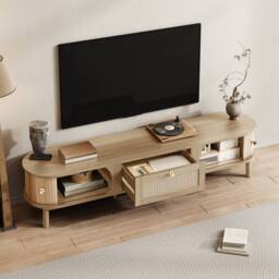 Merax 170cm TV Cabinet with Slatted Wood Doors & Rattan Drawers in Natural - thumbnail 7