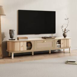 Merax 170cm TV Cabinet with Slatted Wood Doors & Rattan Drawers in Natural - thumbnail 8