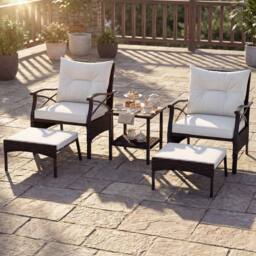 Gymax 5 Piece Wicker Patio Set With Armchairs Table Ottomans & Cushions in Dark Brown - thumbnail 3