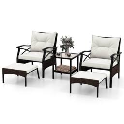 Gymax 5 Piece Wicker Patio Set With Armchairs Table Ottomans & Cushions in Dark Brown