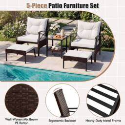 Gymax 5 Piece Wicker Patio Set With Armchairs Table Ottomans & Cushions in Dark Brown - thumbnail 5
