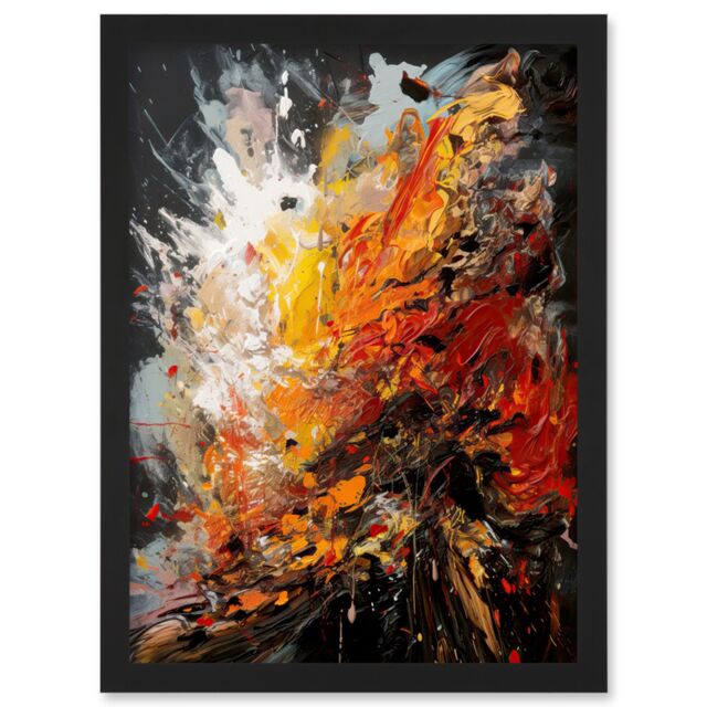 Artery8 Explosion White Orange Red Abstract Painting Artwork Framed Wall Art Print A4 in Black - image 1
