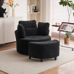 Direct Wicker Chenille Swivel Armchair with Cushion Pillow Ottoman Crescent Stool in Black - Size: 1 Pack - thumbnail 3