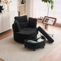 Direct Wicker Chenille Swivel Armchair with Cushion Pillow Ottoman Crescent Stool in Black - Size: 1 Pack