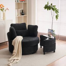 Direct Wicker Chenille Swivel Armchair with Cushion Pillow Ottoman Crescent Stool in Black - Size: 1 Pack - thumbnail 2