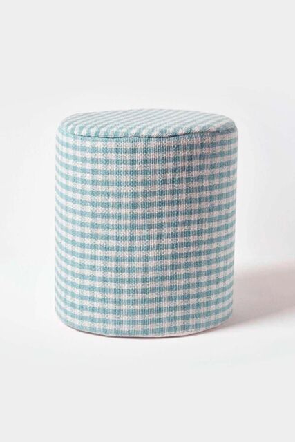 Homescapes Gingham Check Round Pouffe Cotton in Blue - image 1
