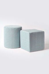 Homescapes Gingham Check Round Pouffe Cotton in Blue - thumbnail 5