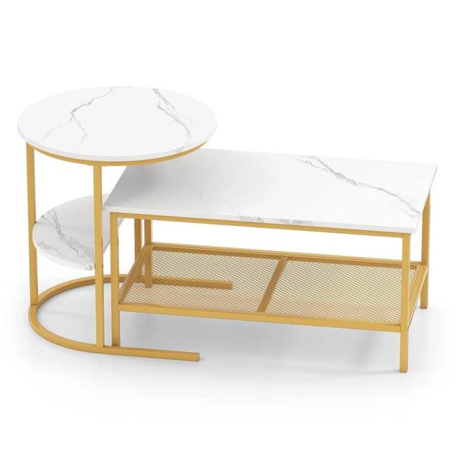 VOGREX Set of 2 Nesting Coffee Tables, Faux Marble Top in White - image 1