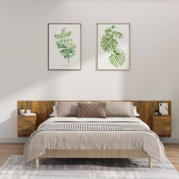Berkfield Home Bed Headboard with Cabinets Smoked Oak Engineered Wood in Brown - thumbnail 1
