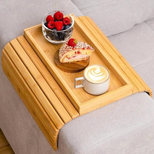 VOGREX Foldable Natural Bamboo Sofa Arm Tray Drinks Remote Couch Side Table in Beige - image 1
