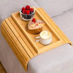VOGREX Foldable Natural Bamboo Sofa Arm Tray Drinks Remote Couch Side Table in Beige - thumbnail 1